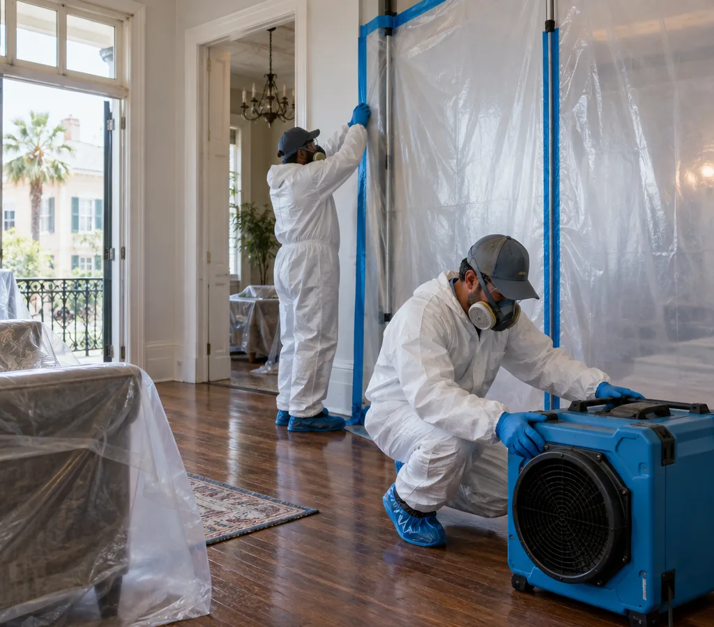 Technicians in PPE setting up containment plastic and a negative air machine in a New Orleans home
