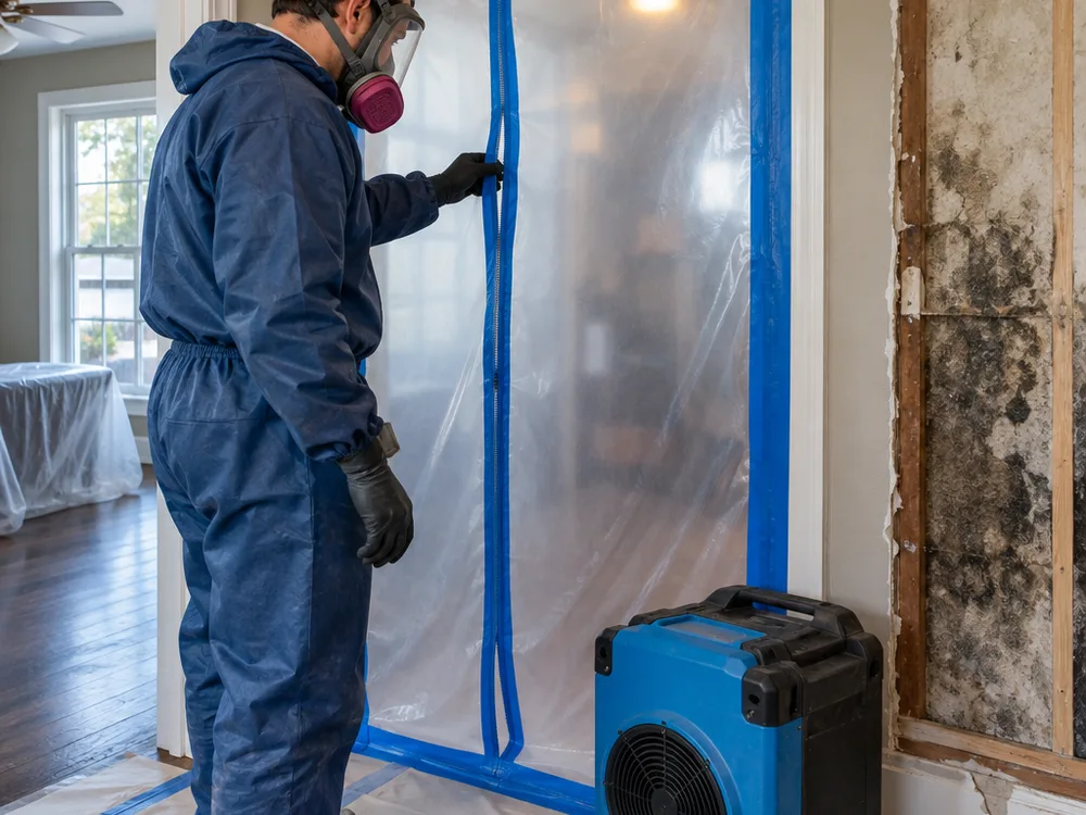 Contained doorway with zipper access and air scrubber running during remediation