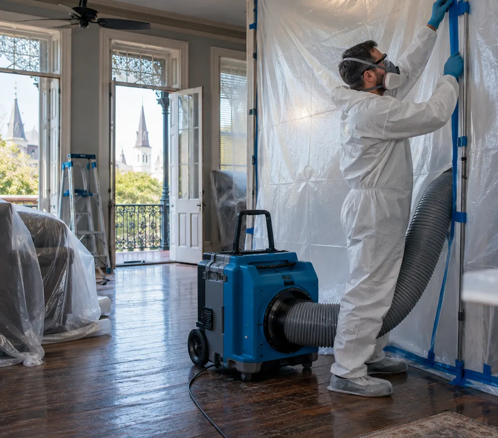 Technician in protective PPE setting up plastic containment and a HEPA air scrubber inside a New Orleans home during mold remediation