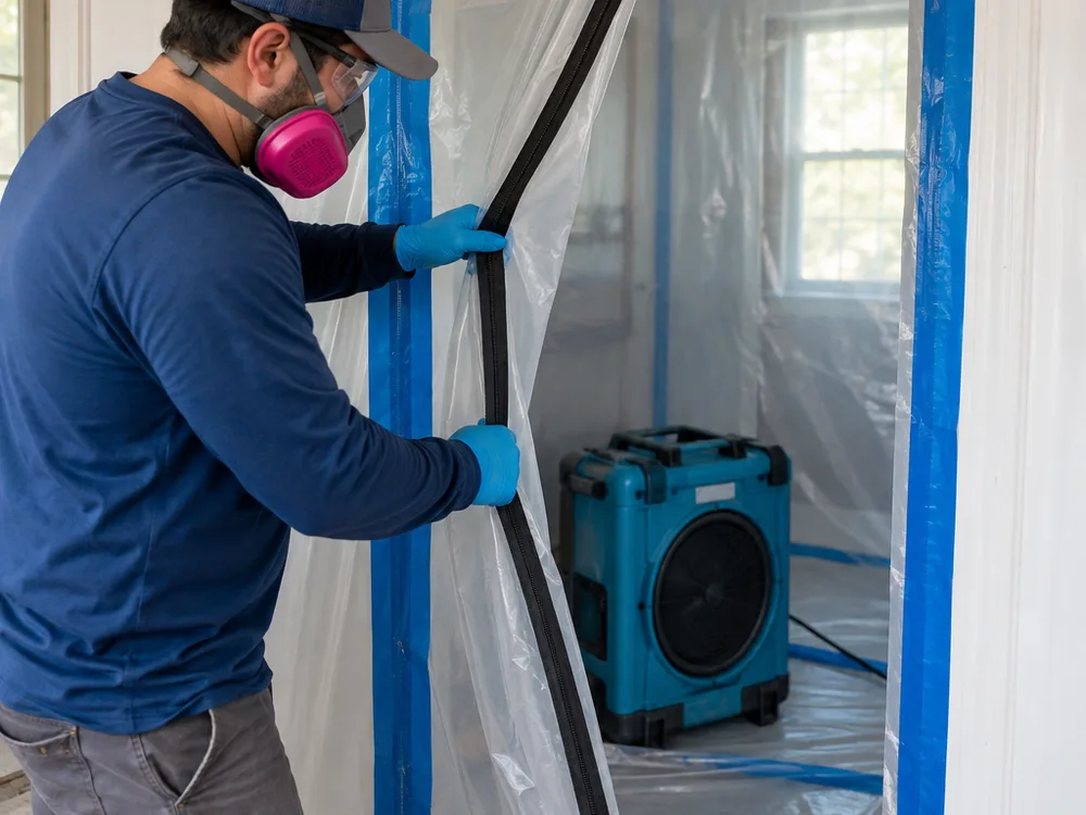 Containment doorway with zipper access, sealed poly sheeting, and a HEPA air scrubber running inside the work area