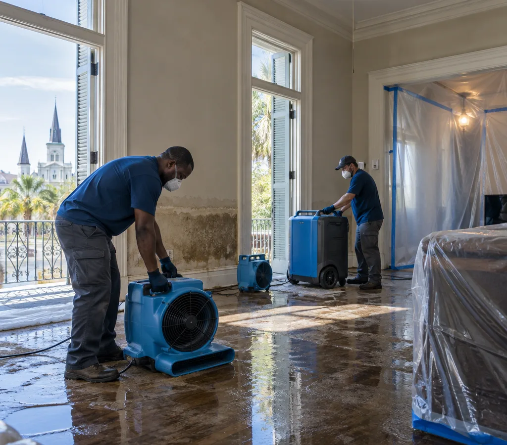 Technicians in PPE setting up air movers and a dehumidifier in a New Orleans home with wet flooring and a visible water line on drywall