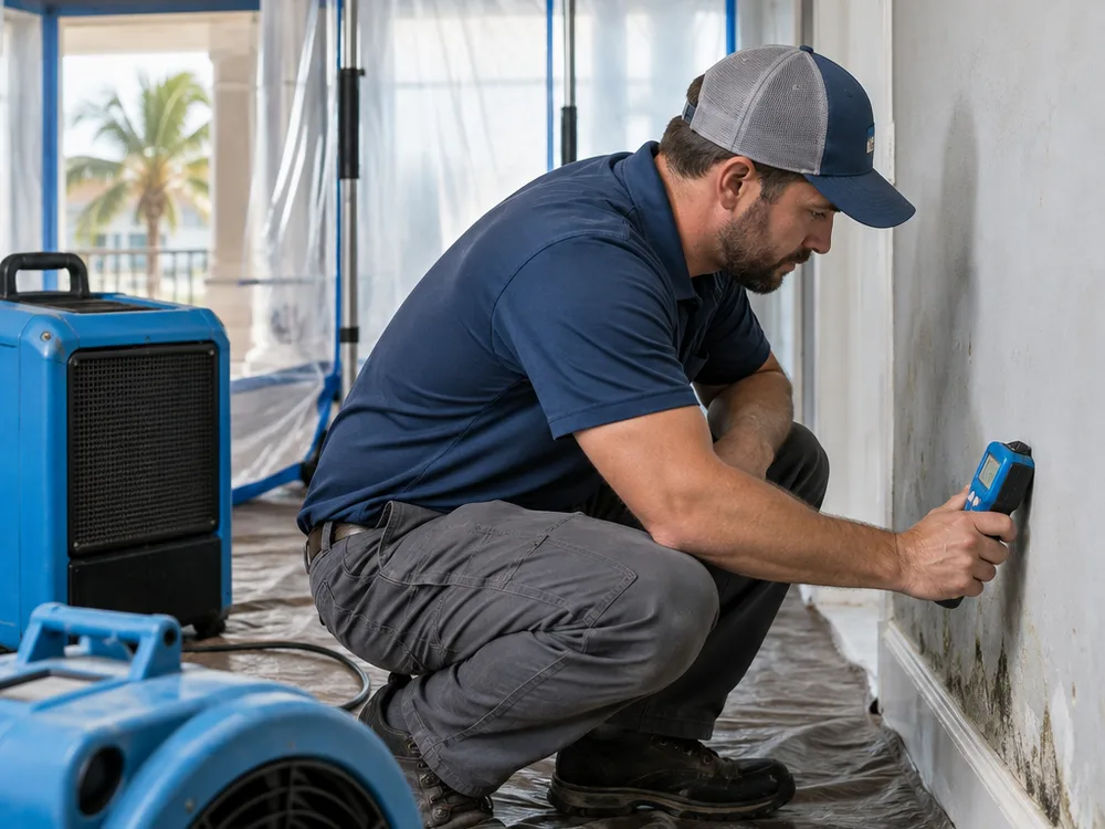 Technician using a moisture meter on interior drywall while drying and filtration equipment runs inside a contained work zone