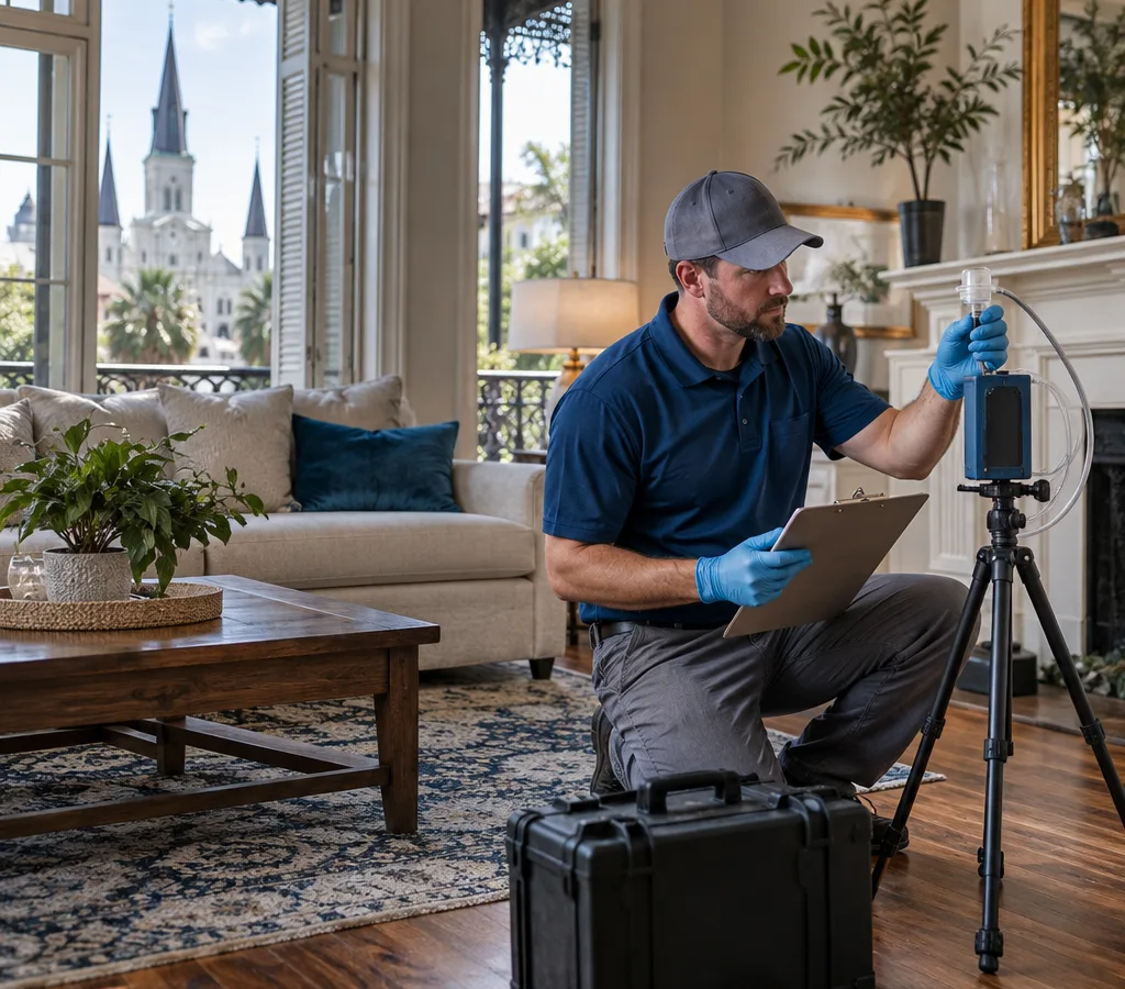 Technician setting up an indoor air sampling pump and cassette beside a labeled sample log in a New Orleans living room
