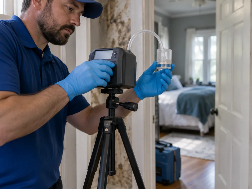 Air sampling pump connected to a spore-trap cassette on a tripod with a room label and sample identification tag