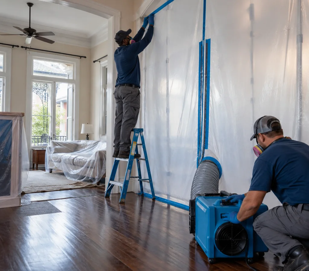 Licensed technicians in PPE setting up a plastic containment barrier and negative air machine inside a New Orleans home during mold remediation