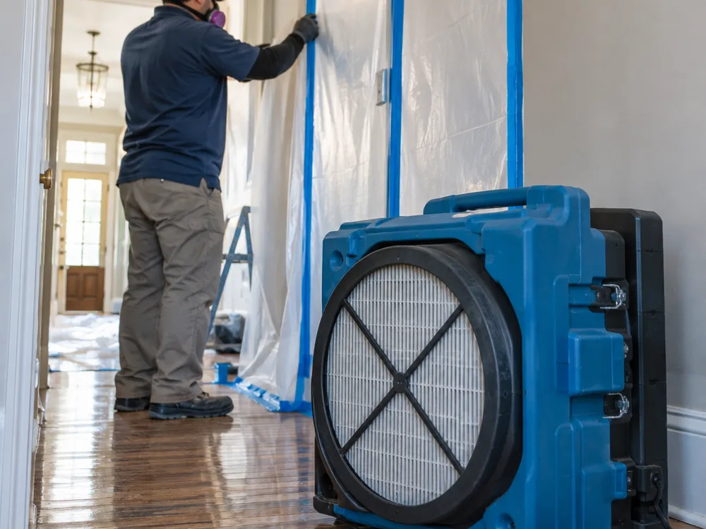 Negative air machine with HEPA filtration beside a sealed plastic containment doorway in a residential hallway