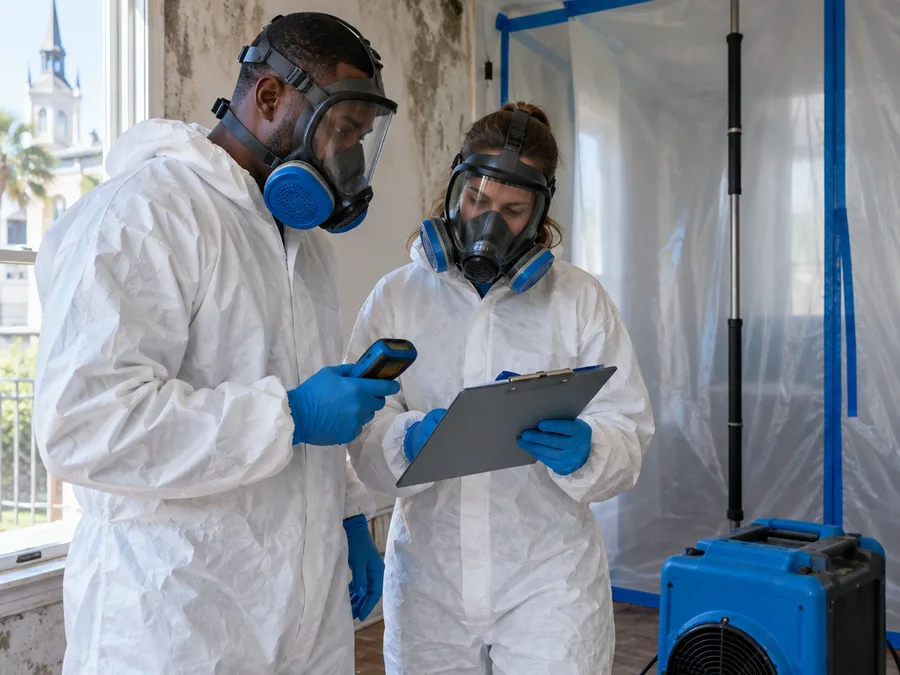 Two remediation technicians reviewing a written scope and moisture readings